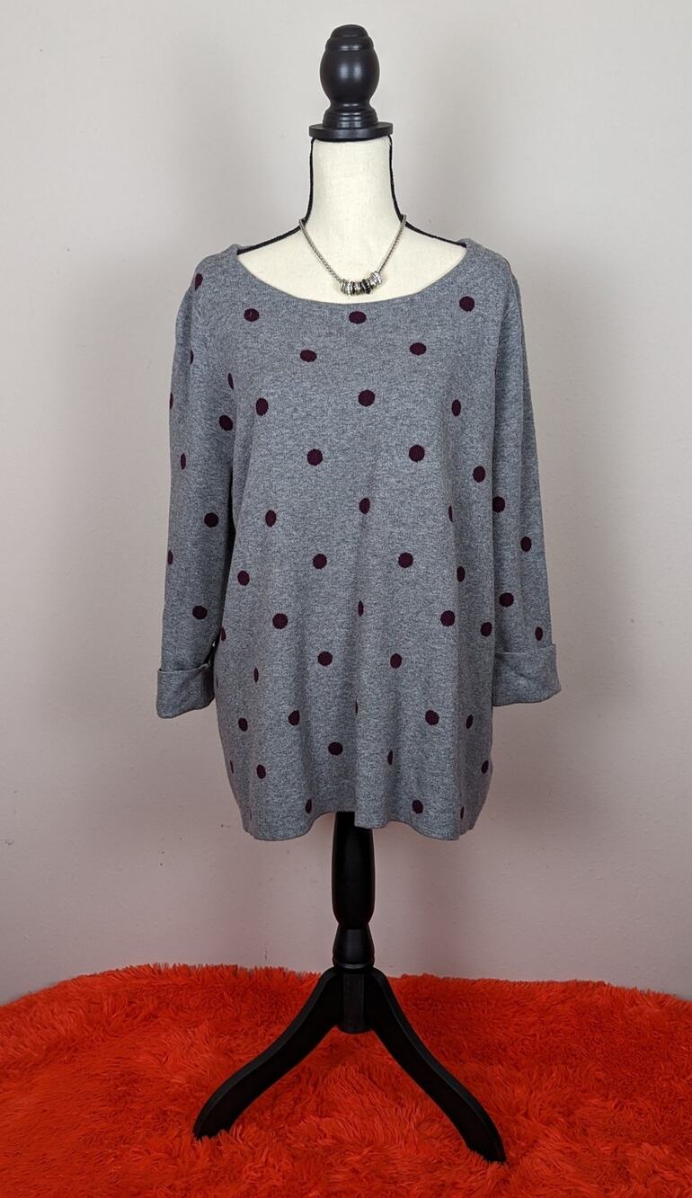 Arabella & Addison Gray & Purple Polka Dot Round Neck Cuffed Sleeve Sweater 2X